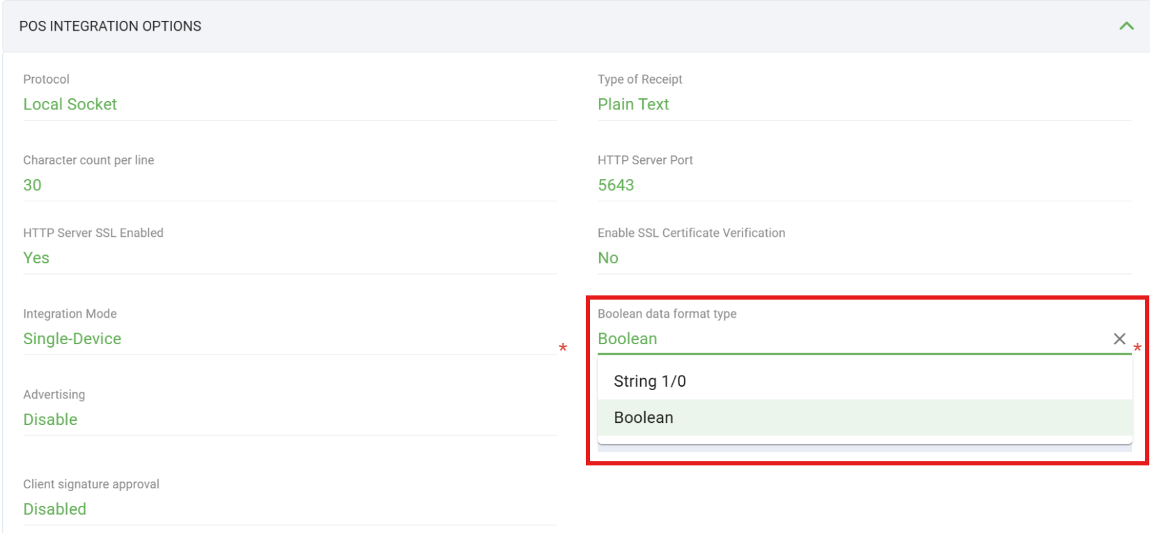 POS Integration Options screen showing Boolean data format type configured in TMS
