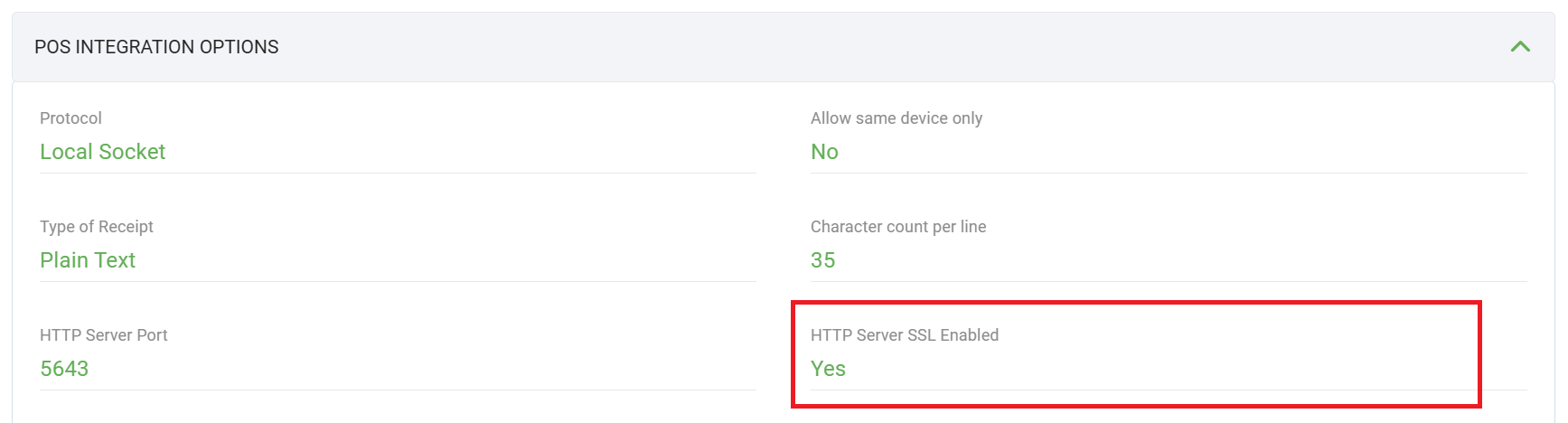 POS Integration Options screen showing HTTP Server SSL Enabled set to Yes in TMS