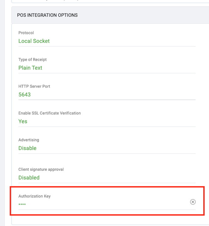 POS Integration Options screen showing Authorization Key field configured in TMS